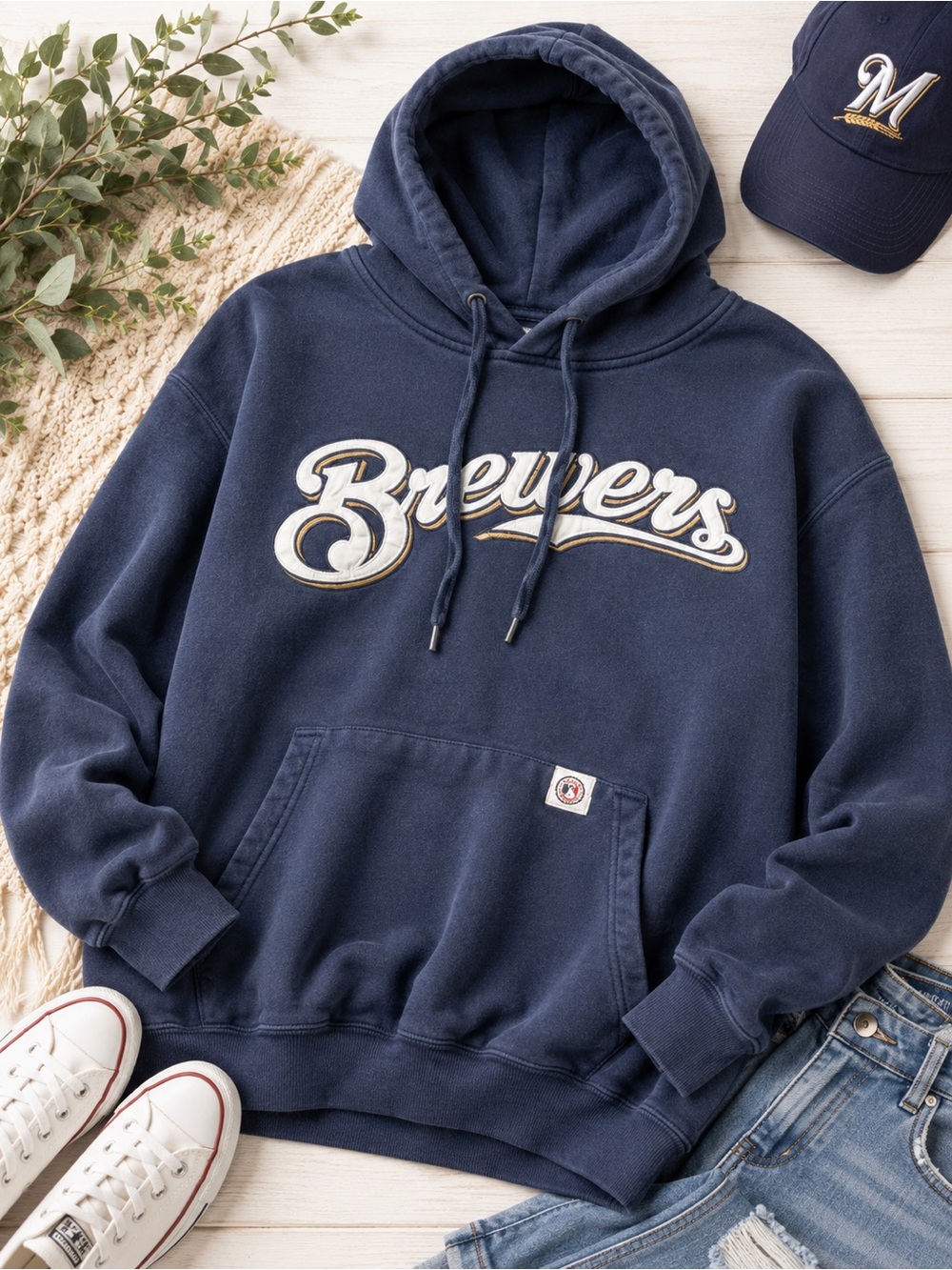Stitch's Navy Brewers Pullover Hoodie with White & Gold Logo